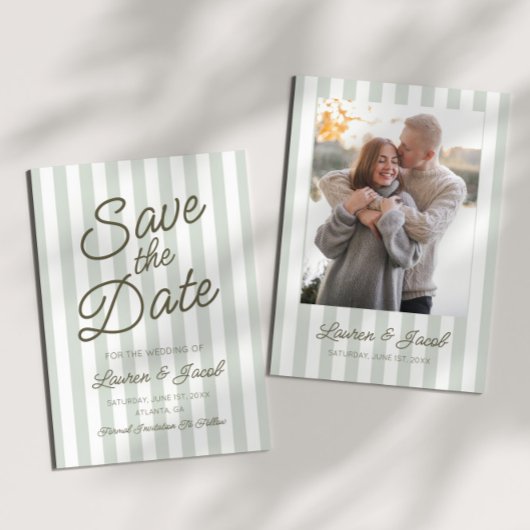 Modern Minimal Minimalist Green Stripes Wedding Save The Date