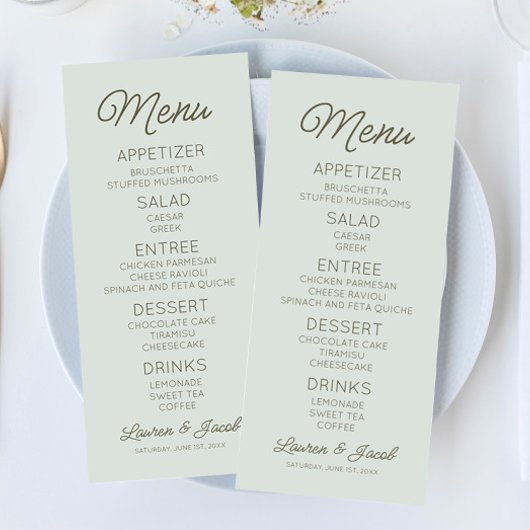 Modern Minimal Minimalist Green Wedding Menükarte