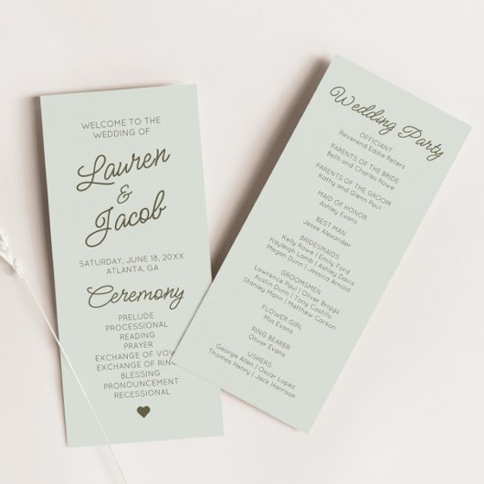 Modern Minimal Minimalist Green  Wedding Programm