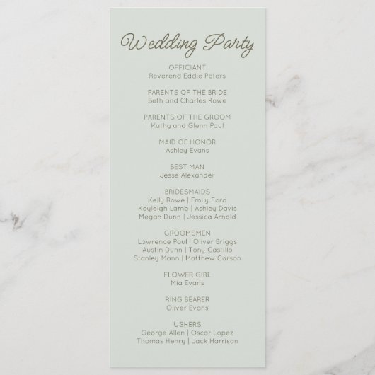 Modern Minimal Minimalist Green  Wedding Programm (Rückseite)