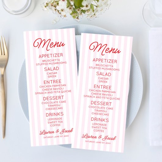 Modern Minimal Minimalist Pink Stripes Red Wedding Menükarte
