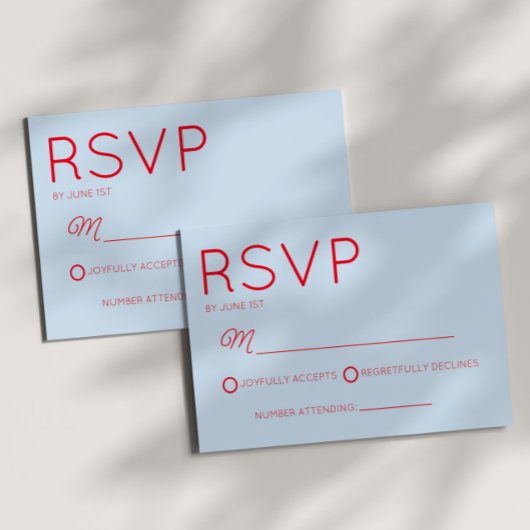 Modern Minimal Minimalist Red Blue Wedding RSVP Karte