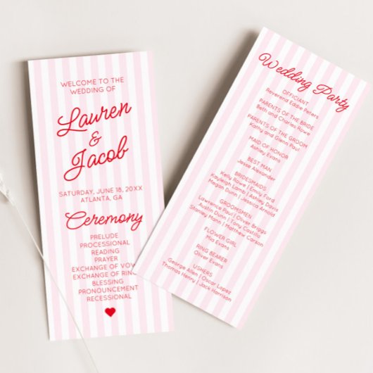Modern Minimal Minimalist Red Pink Stripes Wedding Programm
