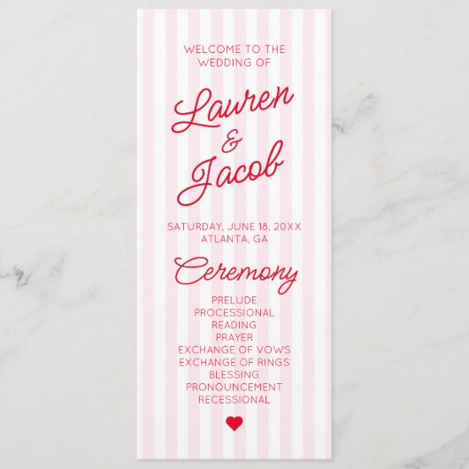 Modern Minimal Minimalist Red Pink Stripes Wedding Programm (Vorderseite)