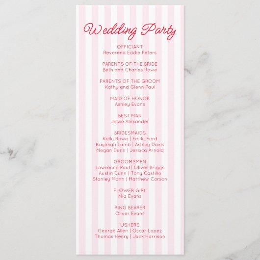 Modern Minimal Minimalist Red Pink Stripes Wedding Programm (Rückseite)