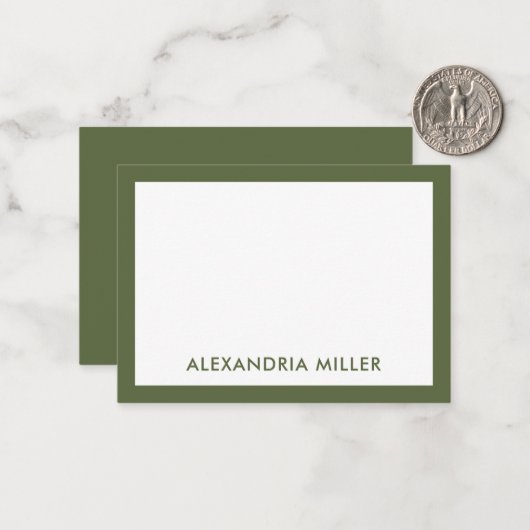 Modern Minimal Monogram Name Olive Green Mitteilungskarte (Vorderseite/Rückseite Beispiel)