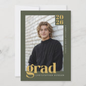 Modern Minimal Olive Green Gold Photo Graduation Einladung (Vorderseite)