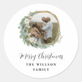 Modern minimal photo Christmas elegant script Runder Aufkleber (Vorderseite)