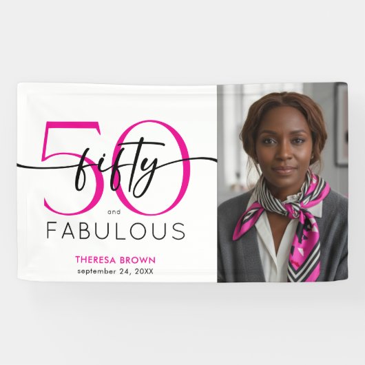 Modern Minimal Pink Fifty Fabulous Script Birthday Banner (Horizontal)