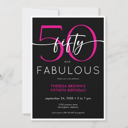 Modern Minimal Pink Fifty Fabulous Script Birthday Einladung (Vorderseite)