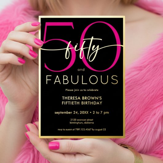 Modern Minimal Pink Fifty Fabulous Script Birthday Folieneinladung