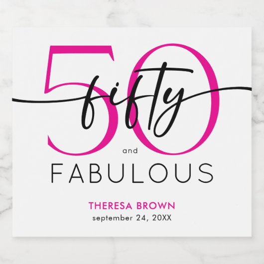 Modern Minimal Pink Fifty Fabulous Script Birthday Schaumweinetikett (Einzelnes Label)