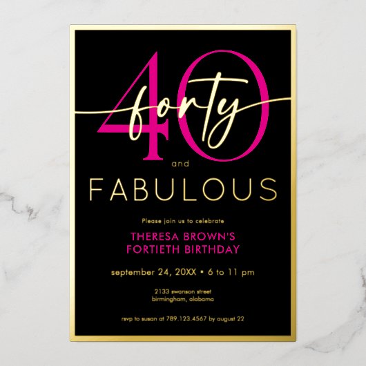 Modern Minimal Pink Forty Fabulous Script Birthday Folieneinladung (Vorderseite)