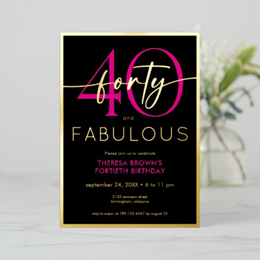 Modern Minimal Pink Forty Fabulous Script Birthday Folieneinladung (Stehend vorne)