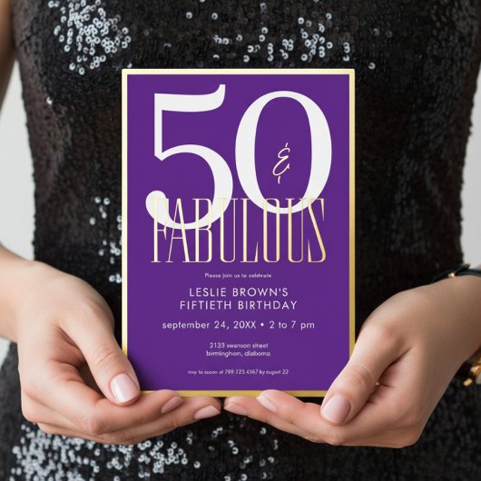Modern Minimal Purple Fifty & Fabulous Birthday Folieneinladung