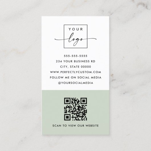 Modern minimal QR code sage green white vertical Visitenkarte (Rückseite)