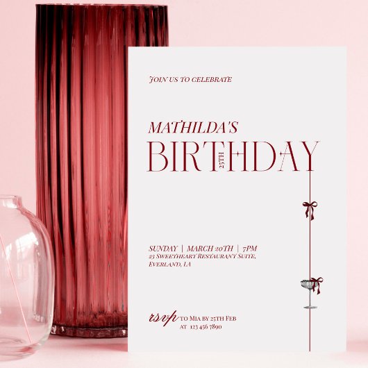 Modern Minimal Red Burgundy Bow Birthday Einladung