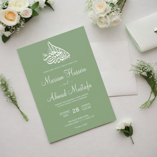 Modern Minimal Sage Green Islamische Nikah Wedding Einladung