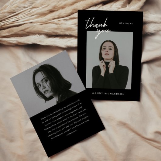 Modern Minimal Script 2-Photo Graduation Party Dankeskarte