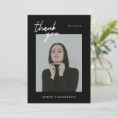 Modern Minimal Script 2-Photo Graduation Party Dankeskarte (Stehend Vorderseite)