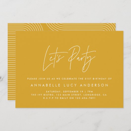 Modern minimal script geometric mustard birthday  einladung (Vorne/Hinten)