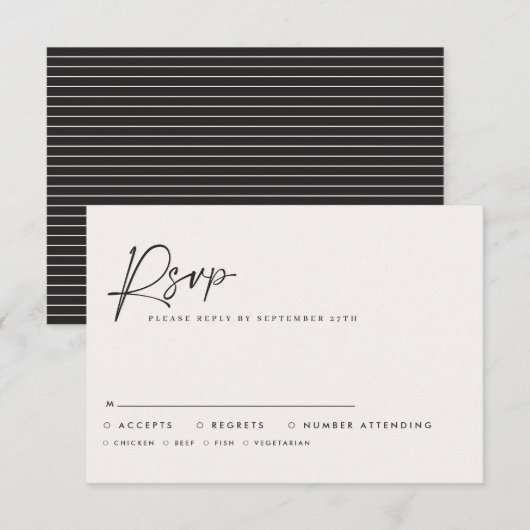 Modern Minimal Script Wedding RSVP with Stripe abc Mitteilungskarte (Vorne/Hinten)
