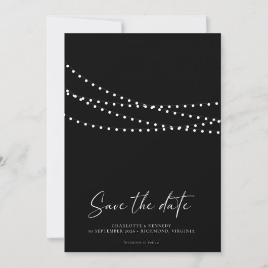 Modern Minimal String Lights Photo Save the Date  (Vorderseite)