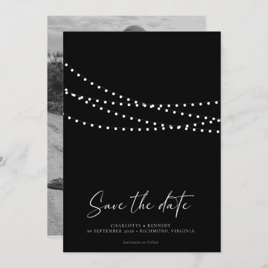 Modern Minimal String Lights Photo Save the Date  (Vorne/Hinten)