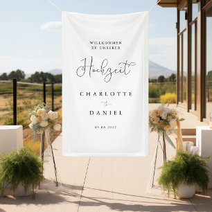 Modern, minimal, weißer "Willkommen" Hochzeit Banner