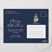 Modern minimaler Aquarellblau Weihnachtsbaum Folien Feiertagspostkarte (Rückseite)