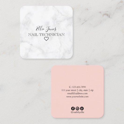 Modern minimaler weißer Marmor und rot-grüne Nägel Quadratische Visitenkarte (Vorne/Hinten)