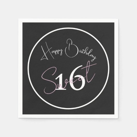 Modern Minimalist 16th Black White Pink Birthday Serviette (Vorderseite)