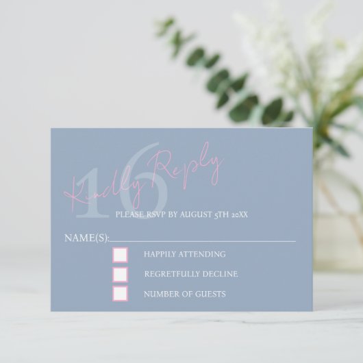 Modern Minimalist 16th RSVP Pink Blue Birthday Karte (Stehend Vorderseite)