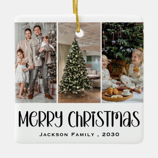 Modern Minimalist 4 Photo Collage Family Name Year Keramikornament (Vorderseite)