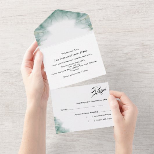 Modern Minimalist Artistic Green Abstract Wedding All In One Einladung (Abreißen)