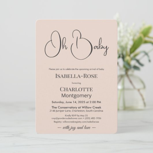 Modern Minimalist Baby Shower | Powder Blush Einladung (Stehend Vorderseite)