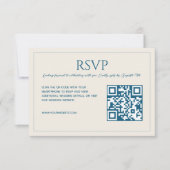 Modern minimalist beige blue QR code wedding  RSVP Karte (Vorderseite)