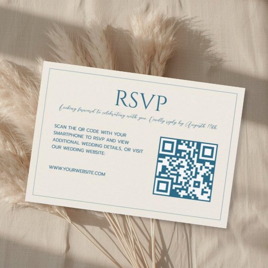 Modern minimalist beige blue QR code wedding  RSVP Karte