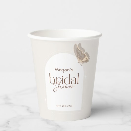 Modern Minimalist Beige Butterfly Bridal Shower Pappbecher (Vorderseite)