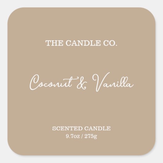 Modern Minimalist Beige Script Candle Label Quadratischer Aufkleber (Vorderseite)