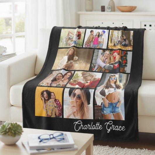 Modern Minimalist Black 10 Photo Collage With Name Fleecedecke