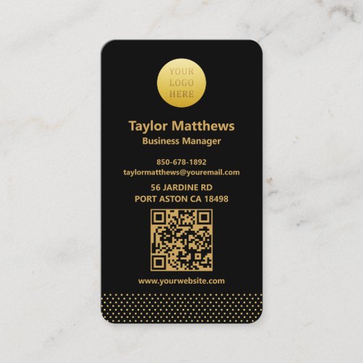 Modern Minimalist Black and Gold Dots QR Code Visitenkarte (Vorderseite)