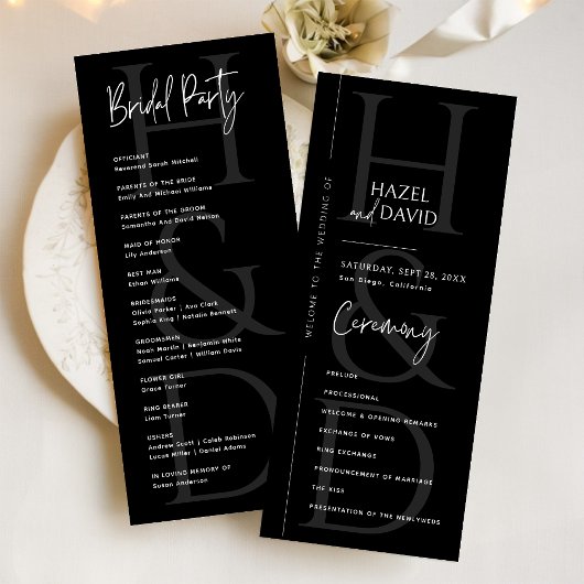 Modern Minimalist Black and White Monogram Wedding Programm