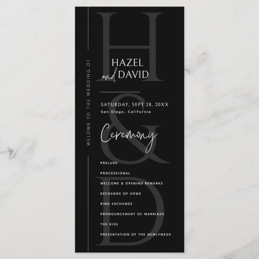 Modern Minimalist Black and White Monogram Wedding Programm (Vorderseite)