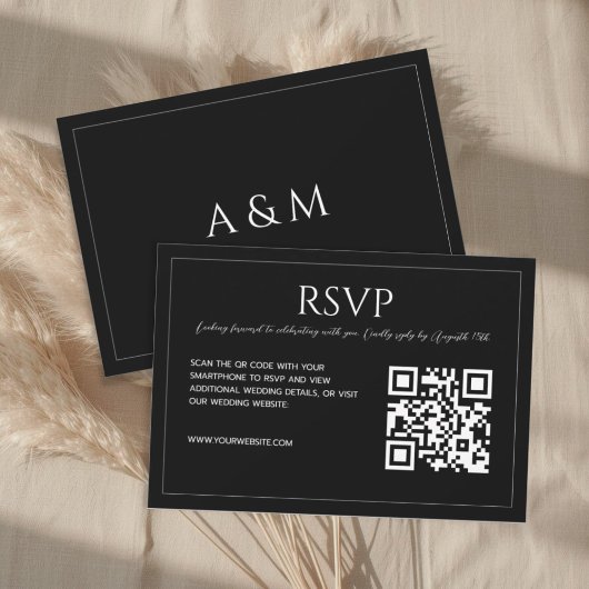 Modern minimalist black and white QR code wedding  RSVP Karte