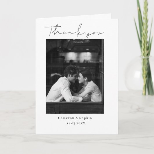 Modern Minimalist Black and white Wedding Photo Dankeskarte (Vorderseite)