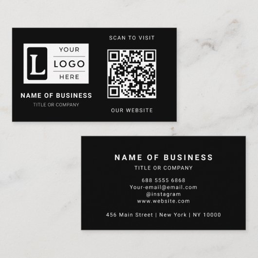 Modern Minimalist Black Custom Logo QR Code Visitenkarte (Vorne/Hinten)