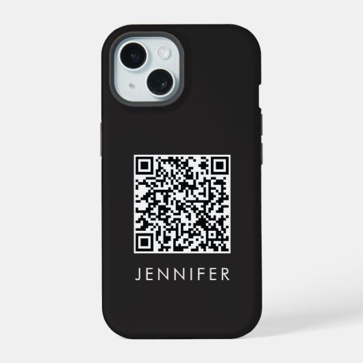 Modern Minimalist Black Executive QR Code Monogram iPhone 15 Hülle (Rückseite)