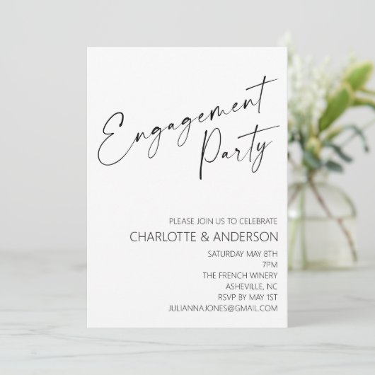 Modern Minimalist | Black Script Engagement Party Einladung (Stehend Vorderseite)