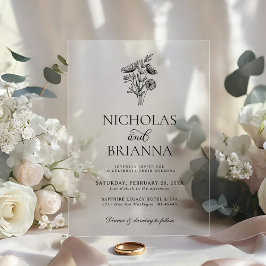Modern Minimalist Black White Floral Wedding Acryleinladungen